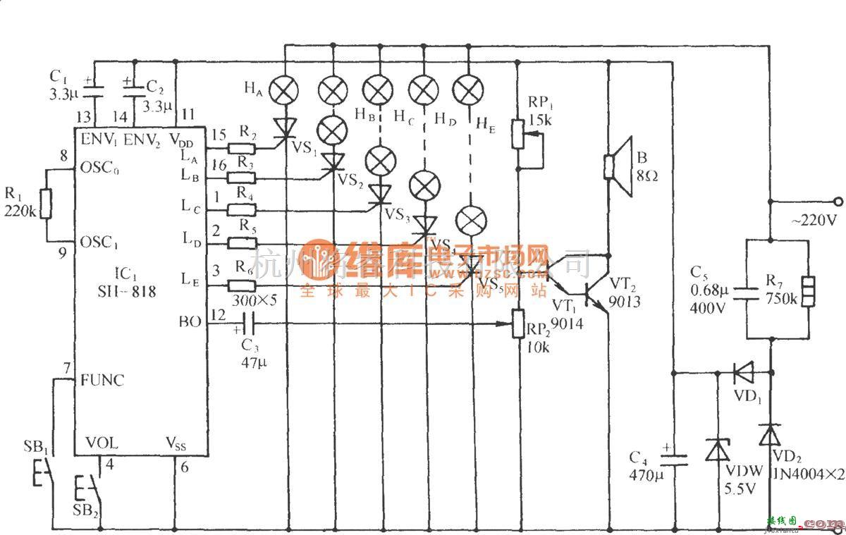 灯光控制中的SH-818高音质双音七功能彩灯控制电路  第1张