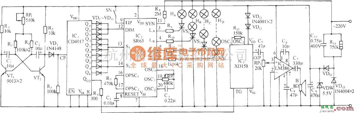 灯光控制中的SR63多功能节日彩灯伴迪斯科乐曲控制电路  第1张