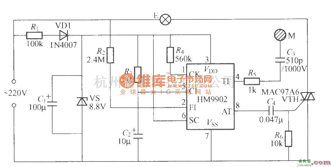 灯光控制中的HM9902触摸式二态调光灯电路  第1张