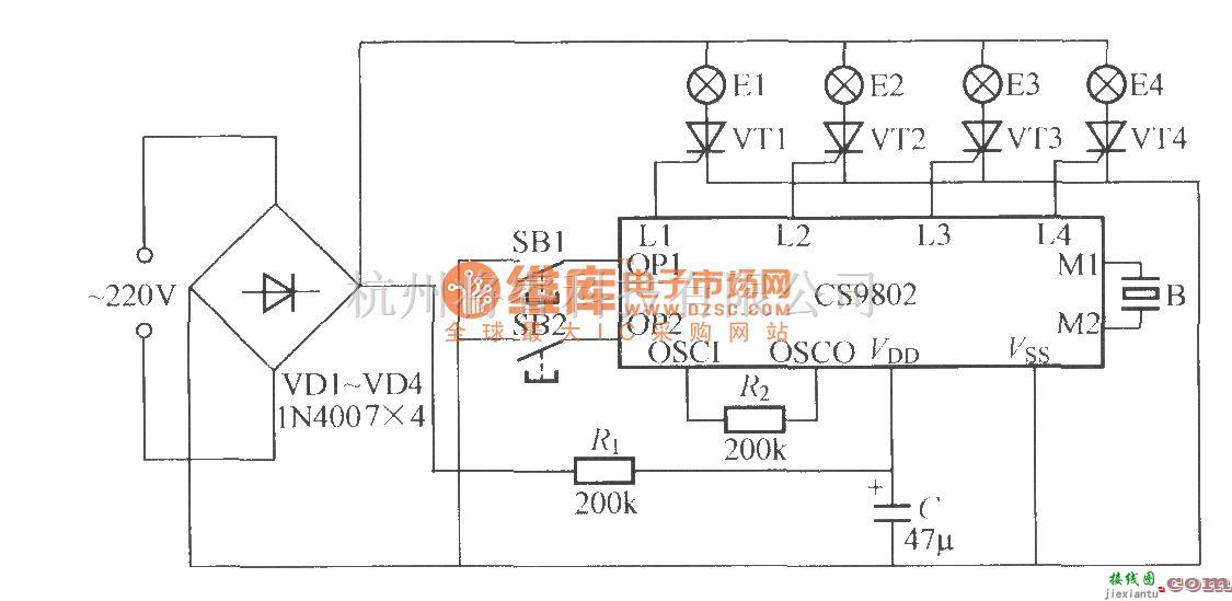 灯光控制中的带音乐的四路闪烁灯串电路(CS9802)  第1张