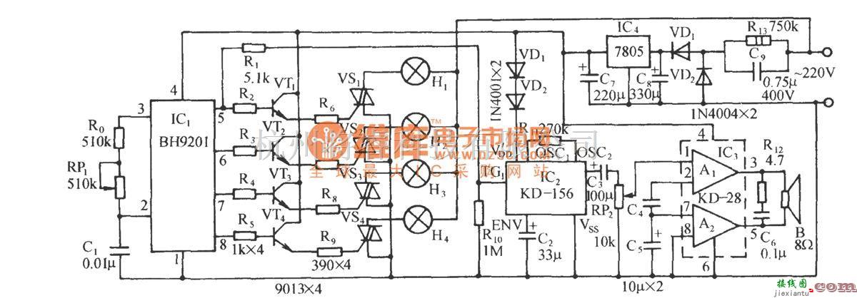 灯光控制中的使用BH9201的四路彩灯伴鸟鸣声控制电路  第1张