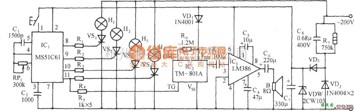 灯光控制中的MS51C61倒、顺流水彩灯伴鞭炮声控制电路  第1张