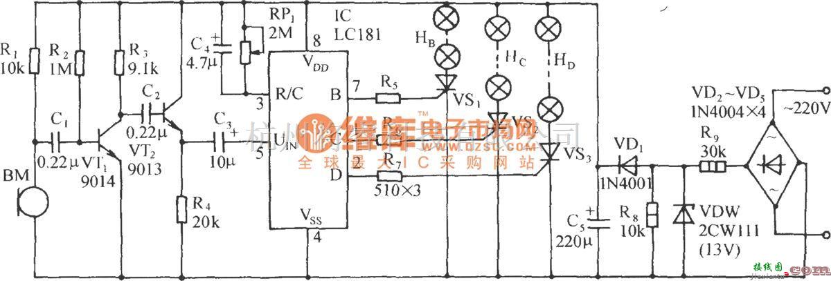 灯光控制中的LCl81音频压控三路彩灯控制电路  第1张