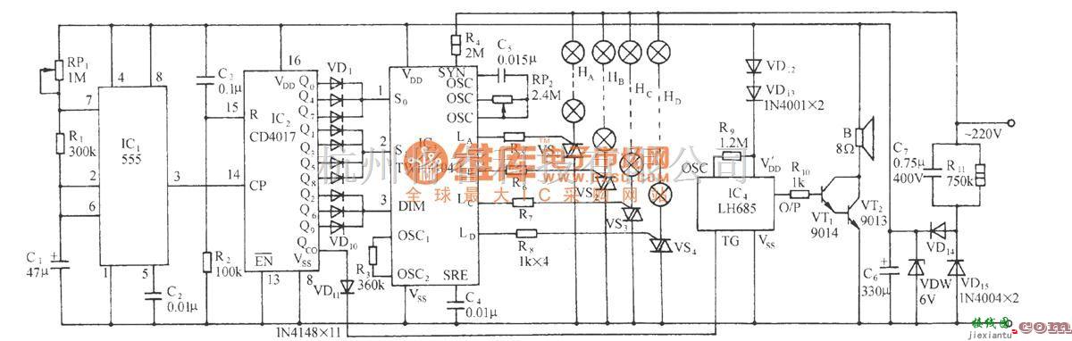 灯光控制中的TWH9104节日多花样闪光彩灯伴“万事如意”语声控制电路  第1张