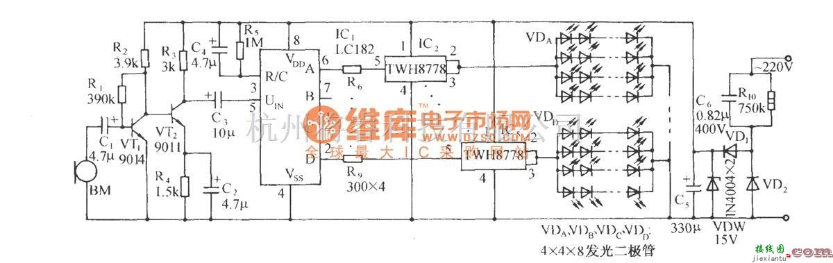 灯光控制中的LC182音频压控圣诞树彩灯控制电路  第1张