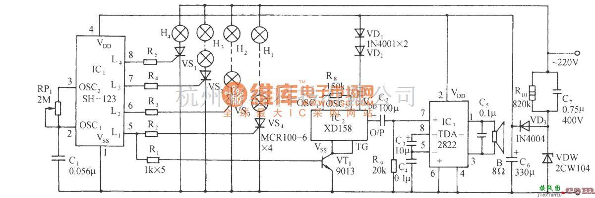 灯光控制中的四路彩灯伴迪斯科乐曲控制电路(SH-123)  第1张