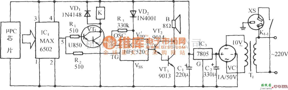 温控电路中的采用温度开关集成电路MAX6502的温度超限自动调温插座电路  第1张