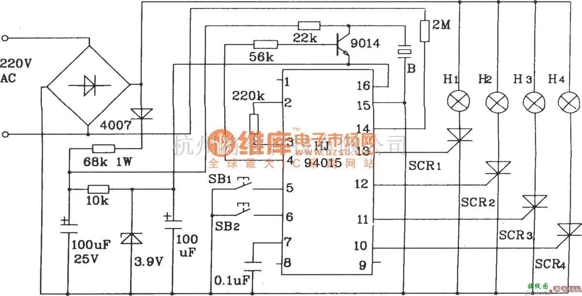 灯光控制中的HJ94015圣诞彩灯串控制集成电路典型应用电路  第1张