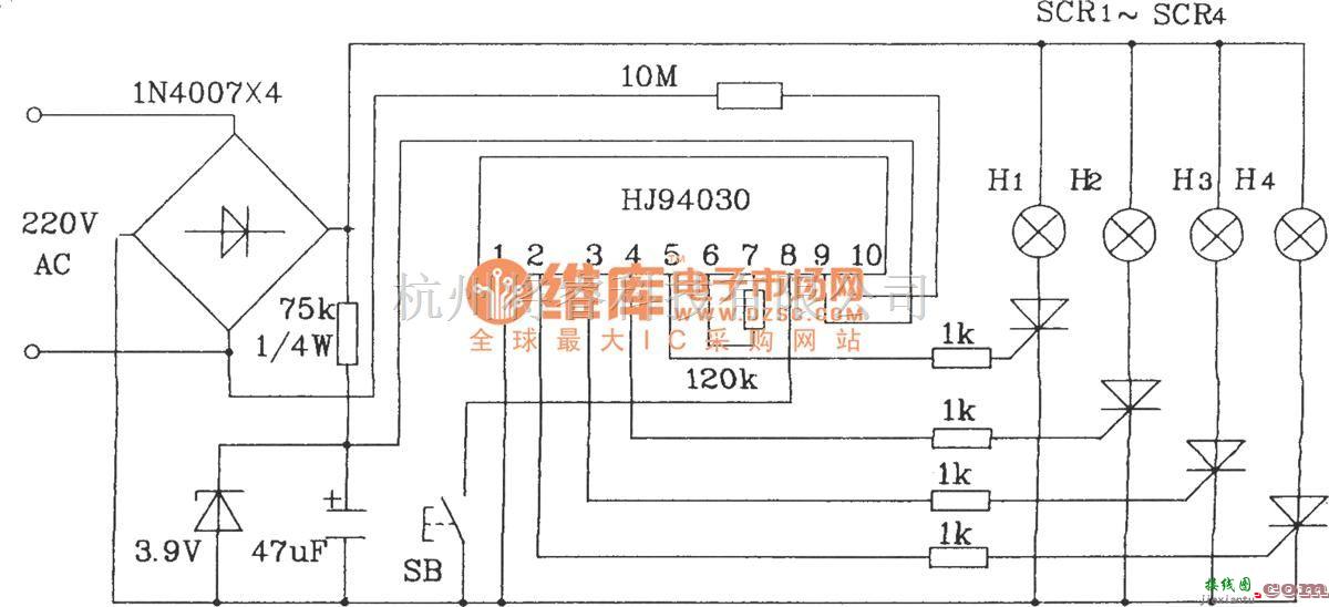 灯光控制中的HJ94030多功能灯串控制集成电路典型应用电路  第1张