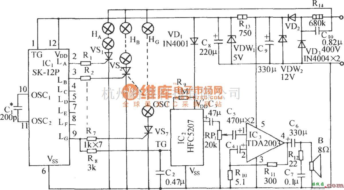 灯光控制中的SK-12P程控多变闪光彩灯伴迪斯科乐曲控制电路  第1张