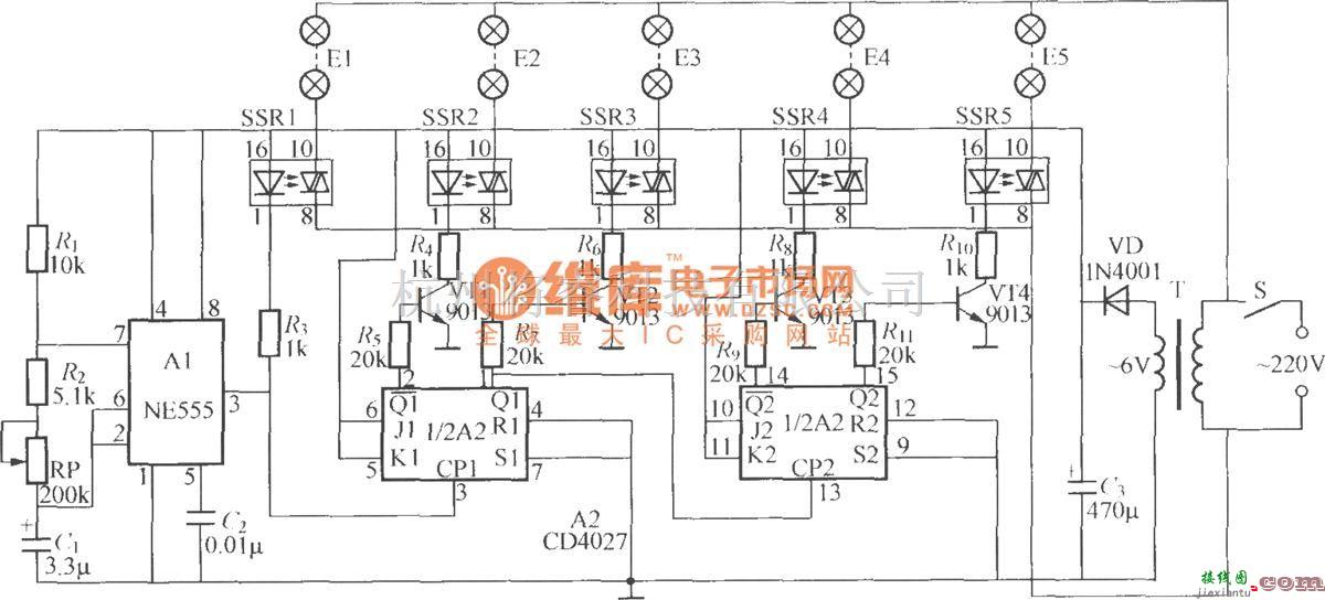 灯光控制中的五路闪烁灯串电路(4)  第1张