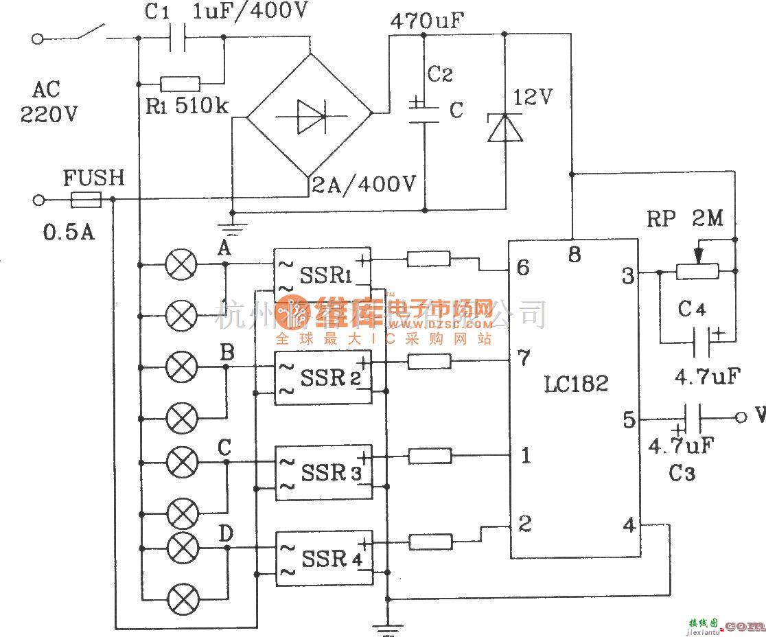 灯光控制中的LC182音频调制彩灯控制芯片构成驱动大功率彩灯控制电路  第1张