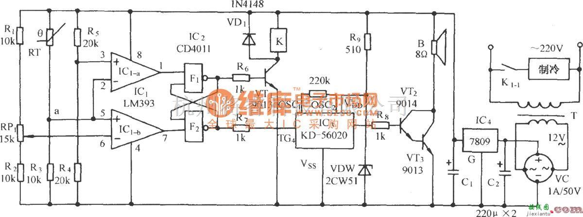 温控电路中的热敏电阻温控制冷鸟鸣发声电路  第1张