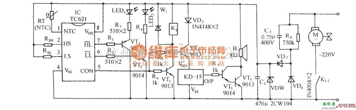 温控电路中的TC621温度传感自动控温伴乐曲发声电路  第1张