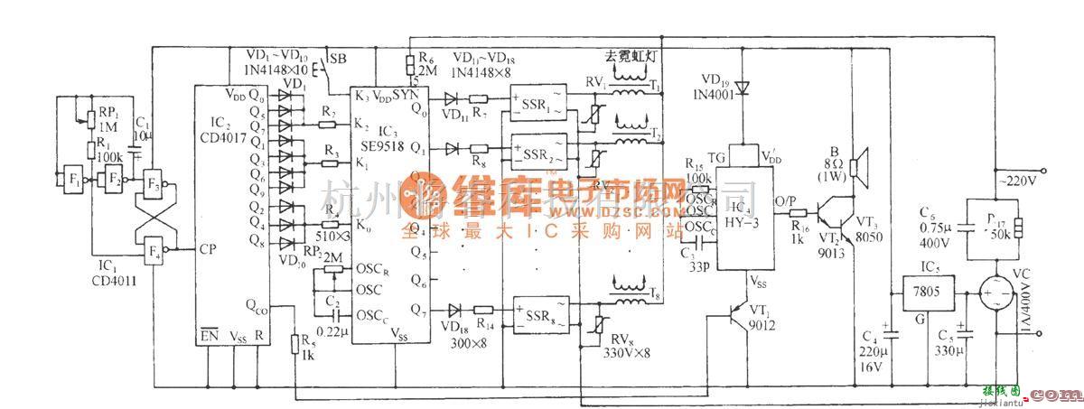 灯光控制中的SE9518多花样程控霓虹灯伴多首乐曲自动控制电路  第1张