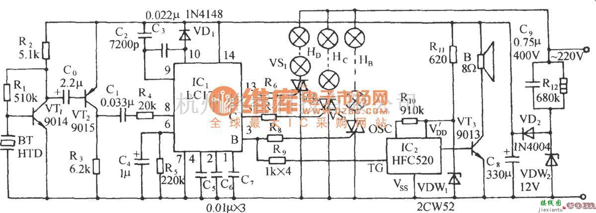 灯光控制中的LCl71音频压控三路彩灯伴鞭炮声控制电路  第1张