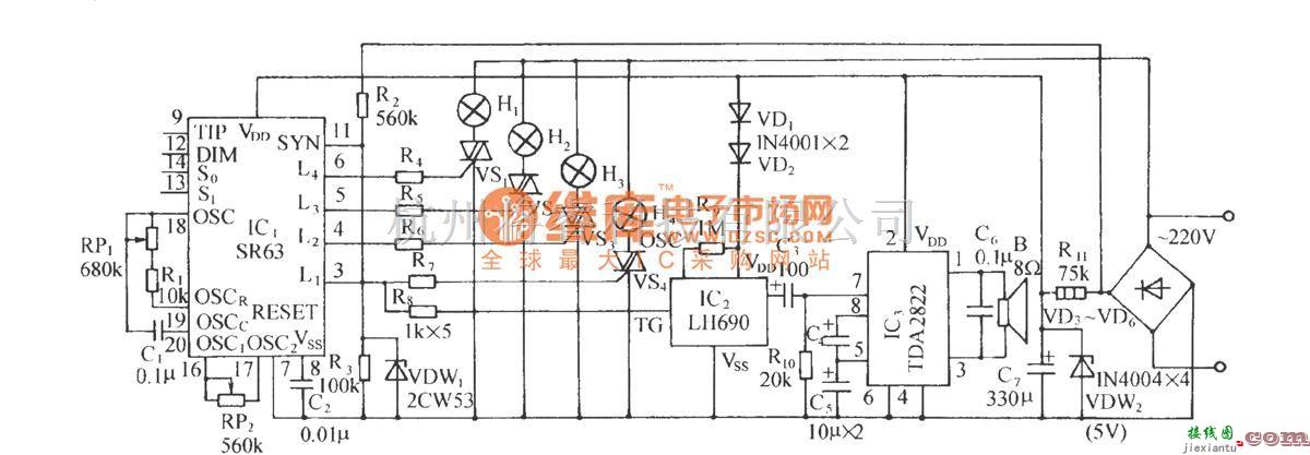 灯光控制中的SR63多功能节日彩灯伴鞭炮声控制电路  第1张