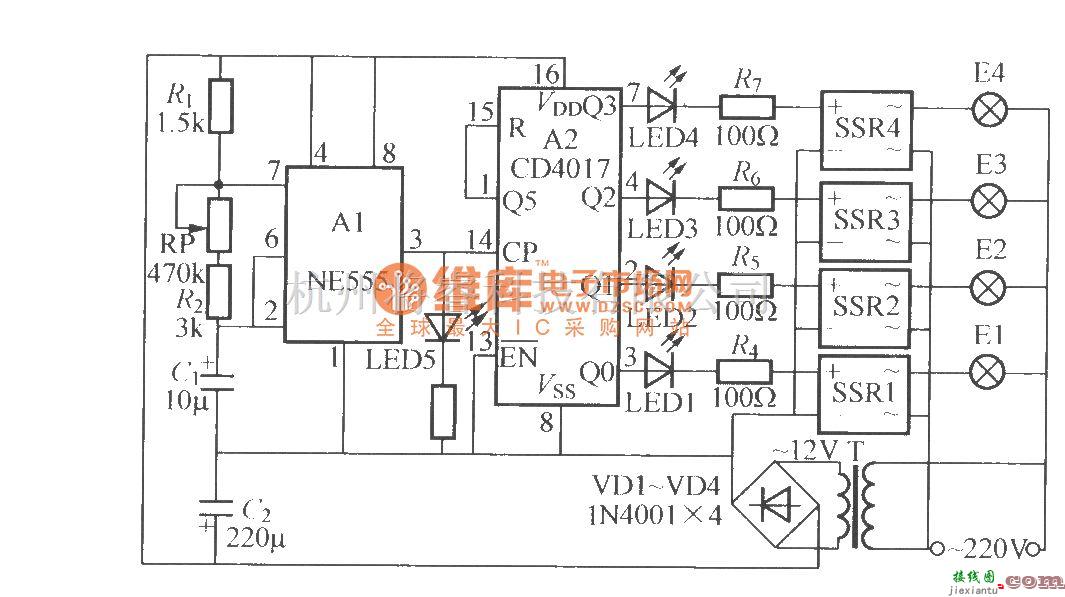 灯光控制中的四路闪烁灯串电路(1)  第1张