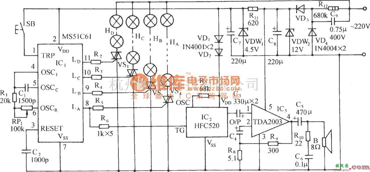 灯光控制中的MS51C61程控流水彩灯伴鞭炮声控制电路  第1张