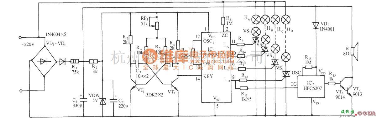 灯光控制中的SH-802多种闪光花样彩灯伴迪斯科乐曲控制电路  第1张