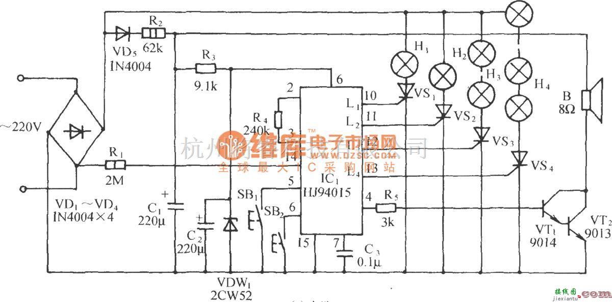 灯光控制中的HJ94015圣诞树音乐彩灯控制电路  第1张