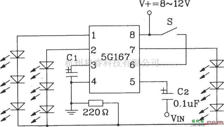 灯光控制中的5G167音响同步彩灯控制集成电路典型应用电路  第1张