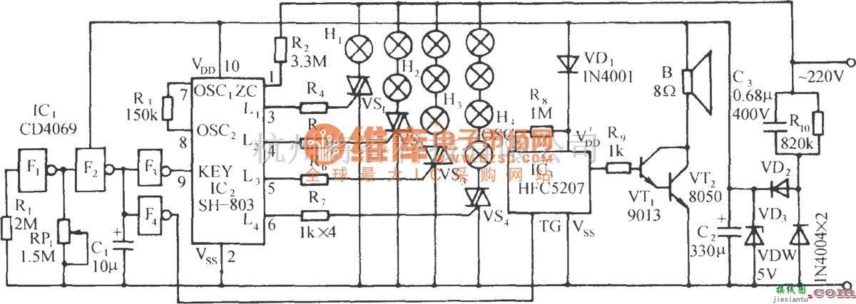 灯光控制中的SH-803节日彩灯伴迪斯科乐曲控制电路  第1张