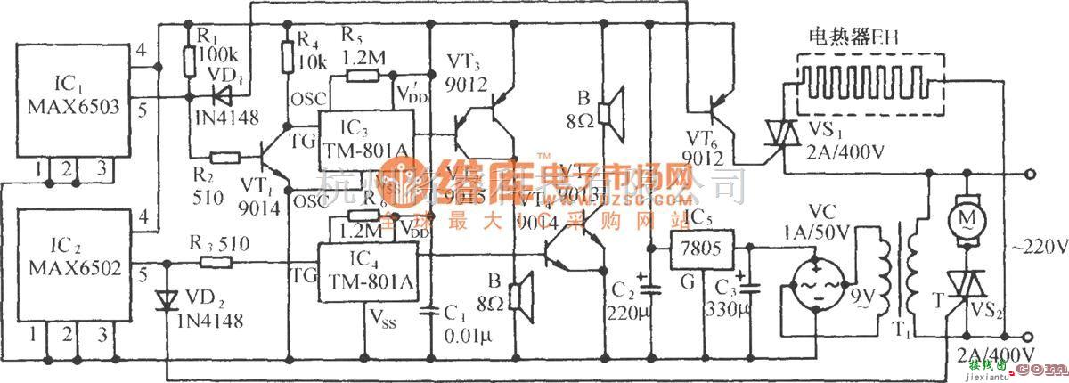 温控电路中的上、下限温度控制伴音响报叫电路(MAX6502/3)  第1张