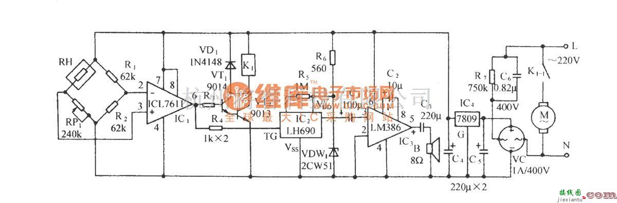 温控电路中的粮棉仓库湿度过大自动通风及语言告戒电路  第1张