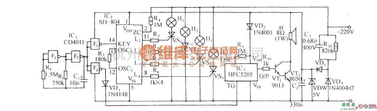 灯光控制中的SH-804节日多花样彩灯伴“哈哈笑”声控制电路  第1张