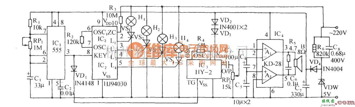 灯光控制中的HJ94030多花样灯串伴多首乐曲自动控制电路  第1张