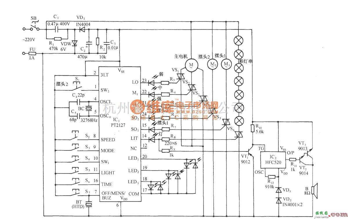 自动控制中的多功能电风扇伴音乐、彩灯控制电路(PT2127)  第1张