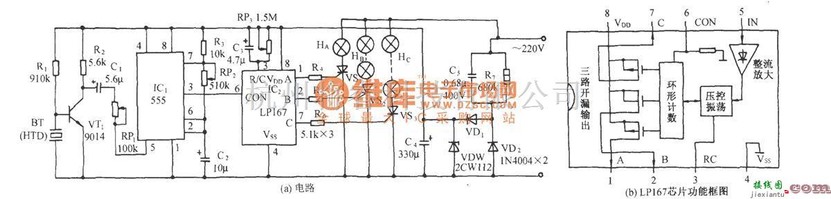 自动控制中的LPl67音频压控家庭卡拉0K灯光煊染器电路  第1张