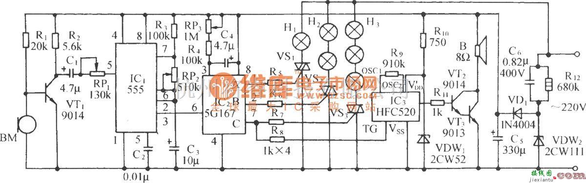 自动控制中的声控式双向流水彩灯伴海浪声控制电路(5G167)  第1张