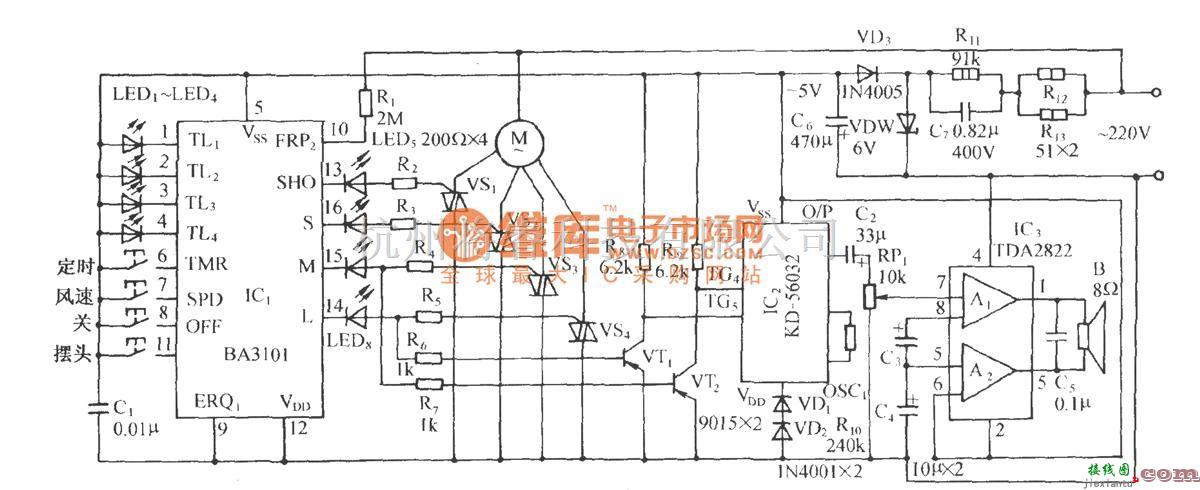 自动控制中的用BA3101的多功能电风扇控制电路  第1张