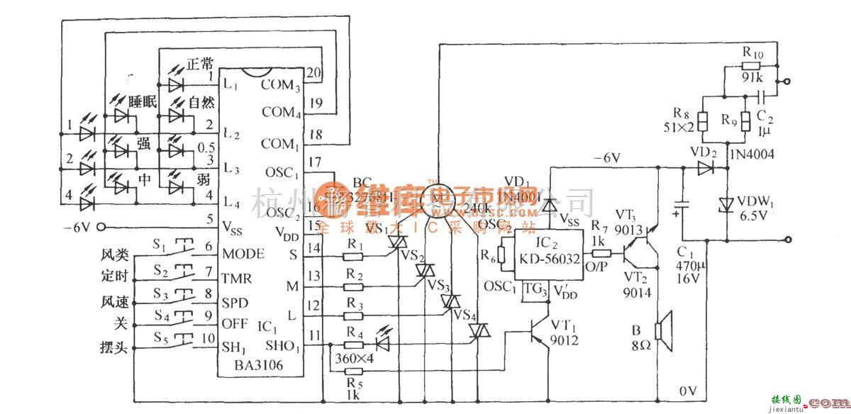 自动控制中的用BA3106的多功能电风扇伴大自然音响控制电路  第1张