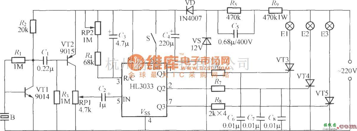 灯光控制中的三路卡拉0K灯光渲染器电路(HL3033)  第1张