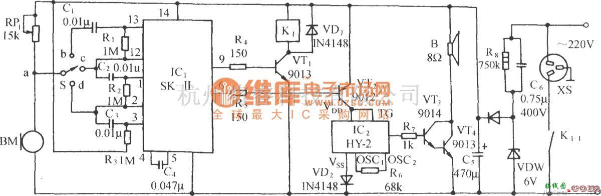 自动控制中的用SK-Ⅱ制作的声控音乐插座电路  第1张