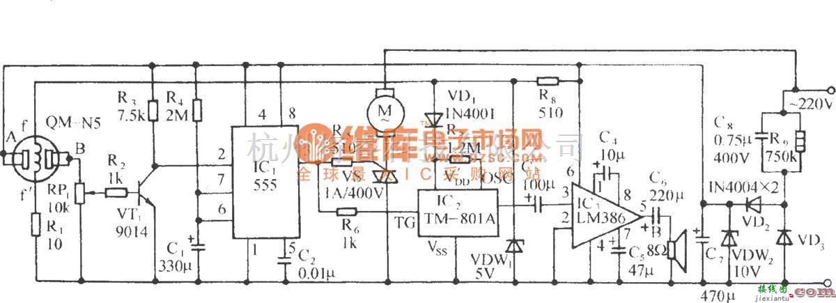 自动控制中的可燃气浓度超标自动换气和语声告警电路  第1张