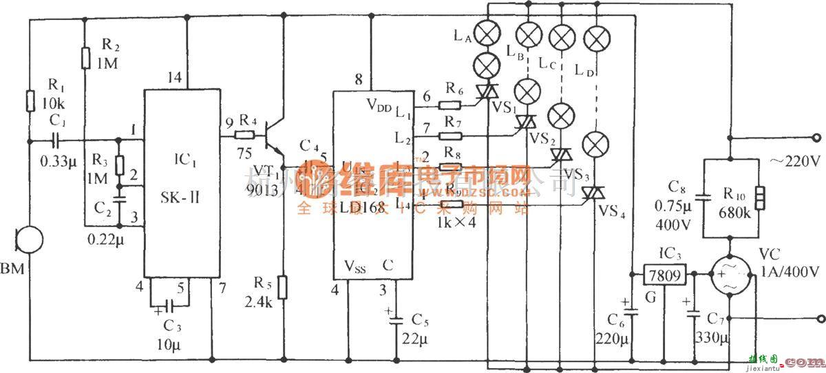 自动控制中的LD168音频压控卡拉0K彩灯发光控制电路  第1张