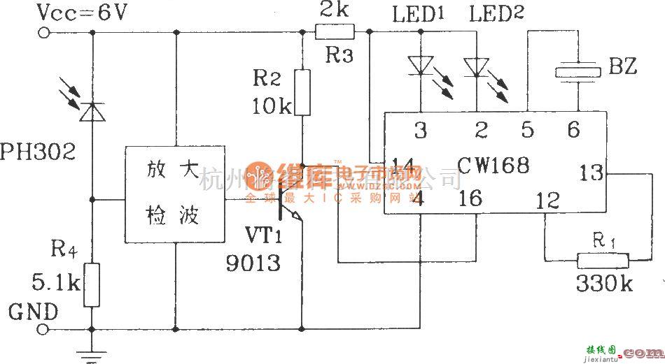 报警控制中的用红外线控制CW168的应用电路  第1张