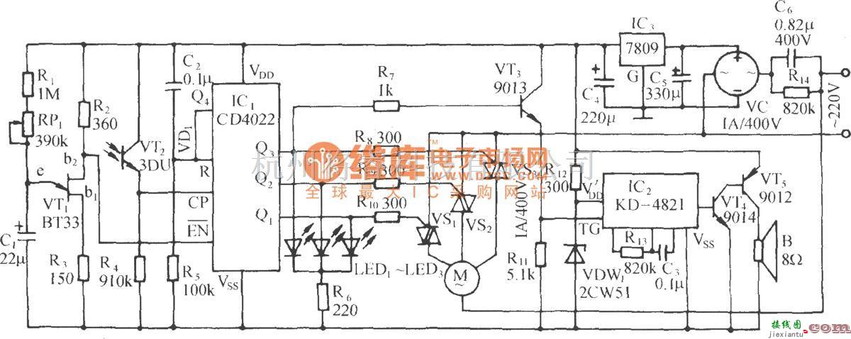 自动控制中的光控式电扇仿自然风模拟和名曲伴唱控制电路(CD4022)  第1张