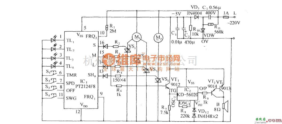 自动控制中的用PT2124的多功能电风扇伴蟋蟀声控制电路  第1张