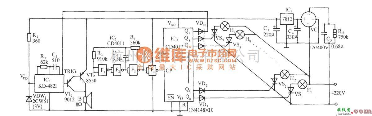 灯光控制中的九路彩灯伴16首名曲播放控制电路  第1张