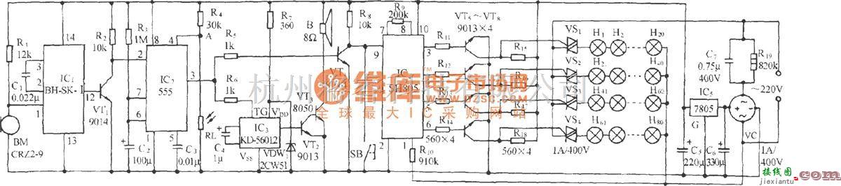 自动控制中的采用SH805的声光双控大功率彩灯伴鸟鸣声电路  第1张