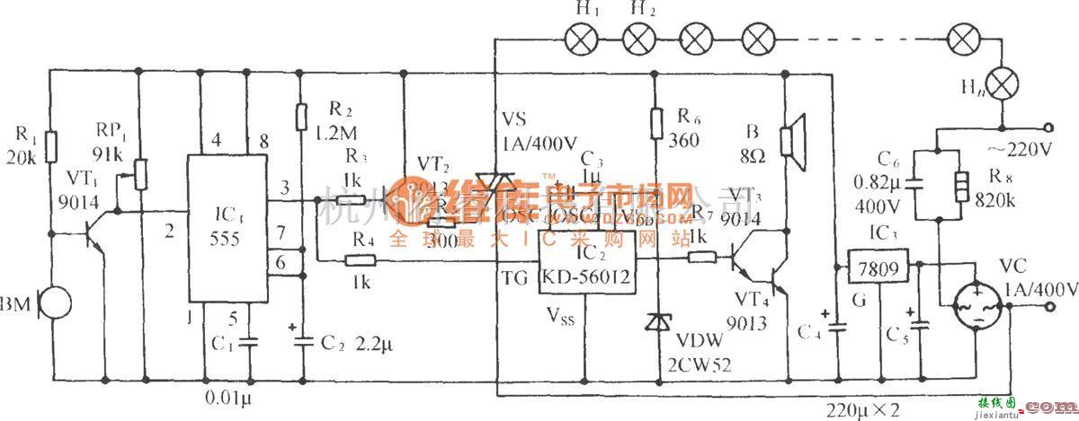 自动控制中的声控鸟鸣彩灯电路(555、KD-5602)  第1张