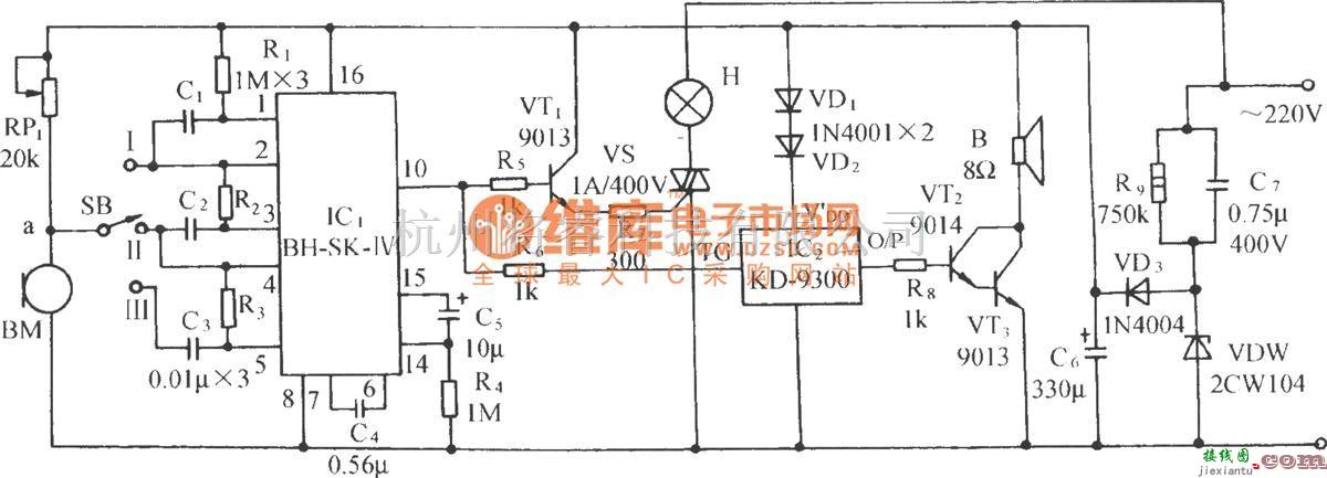 自动控制中的用SK-IV的声控自动照明灯伴乐曲发声电路  第1张