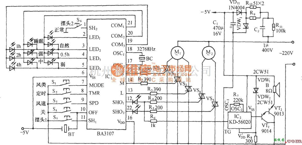 自动控制中的用BA3107的多功能电风扇伴动物叫声控制电路  第1张