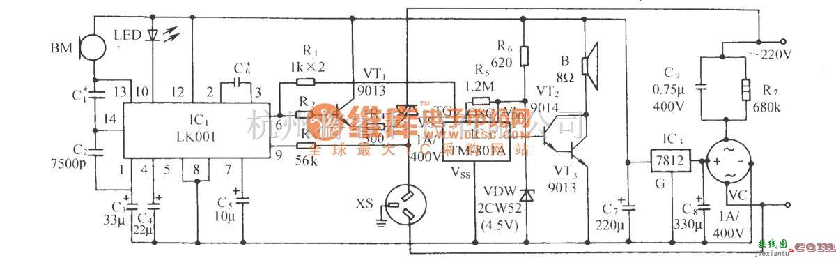 自动控制中的用LK001的选频声控音乐插座电路  第1张