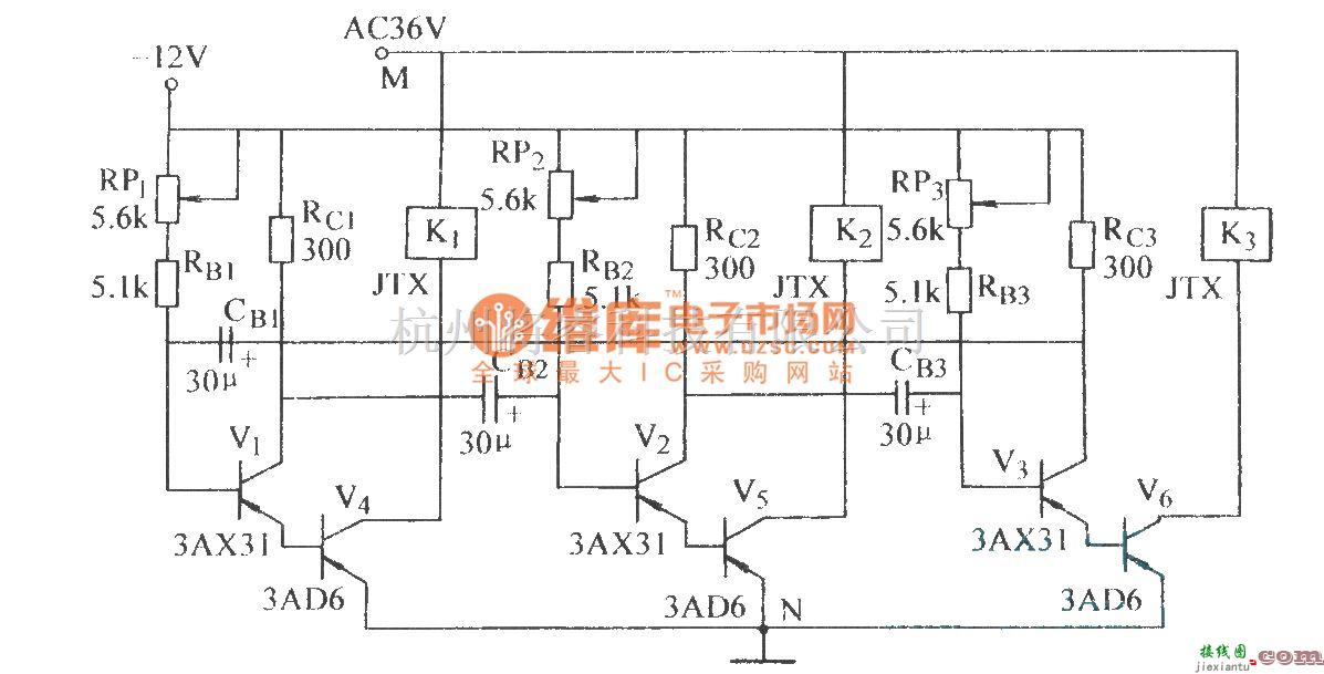 开关电路中的三管无稳态带动三只继电器电路  第1张